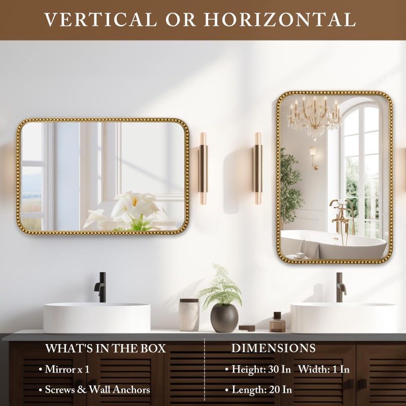 Fobule Wall Mirror for Bathroom - 20"x30" Rectangle Rounded Corner Beaded Frame Mirror, Large Vanity Mirror Hangs Horizontal or Vertical, Antique Gold - Image 3