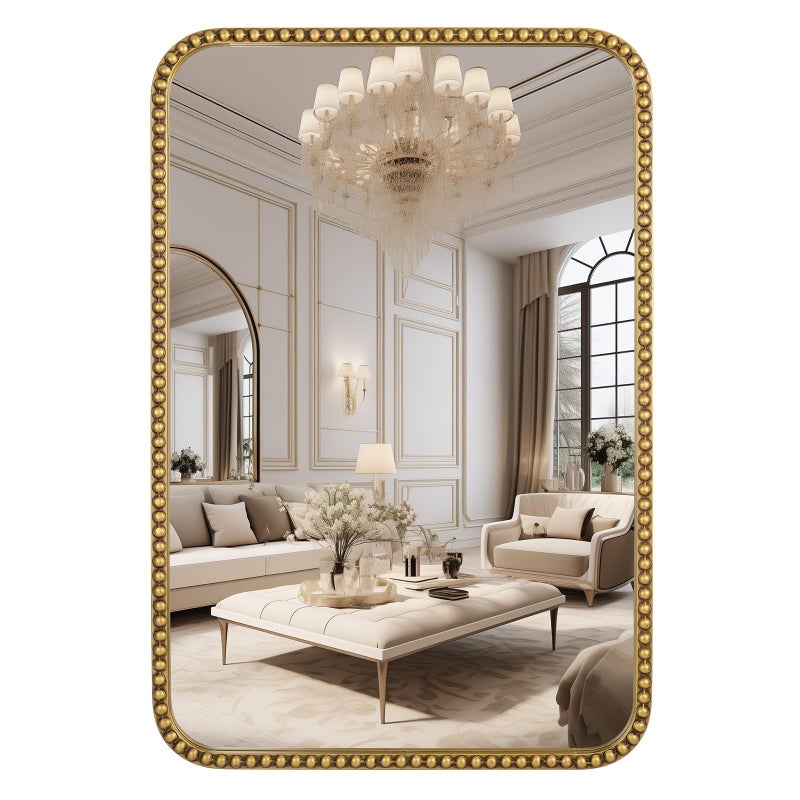 Fobule Wall Mirror for Bathroom - 20"x30" Rectangle Rounded Corner Beaded Frame Mirror, Large Vanity Mirror Hangs Horizontal or Vertical, Antique Gold - Image 1