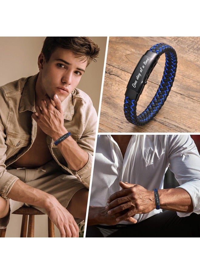 VNOX Men's Inspirational Mantra Engarved Handmade Blue Braided Leather Adjustable Cuff Bangle Bracelet Encouragement Motivational Gift for Men, Stainless Steel Leather, Lava Stone - Image 3