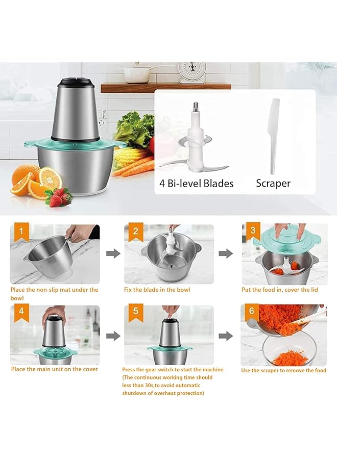 erorex Electric Meat Grinder Food Processor 3L Stainless Steel Meat Mixer Food Chopper For Meat Vegetables Fruits And Nuts With 4 Sharp Blades Stainless Steel Food Grinder For Meat 3L  - Image 2