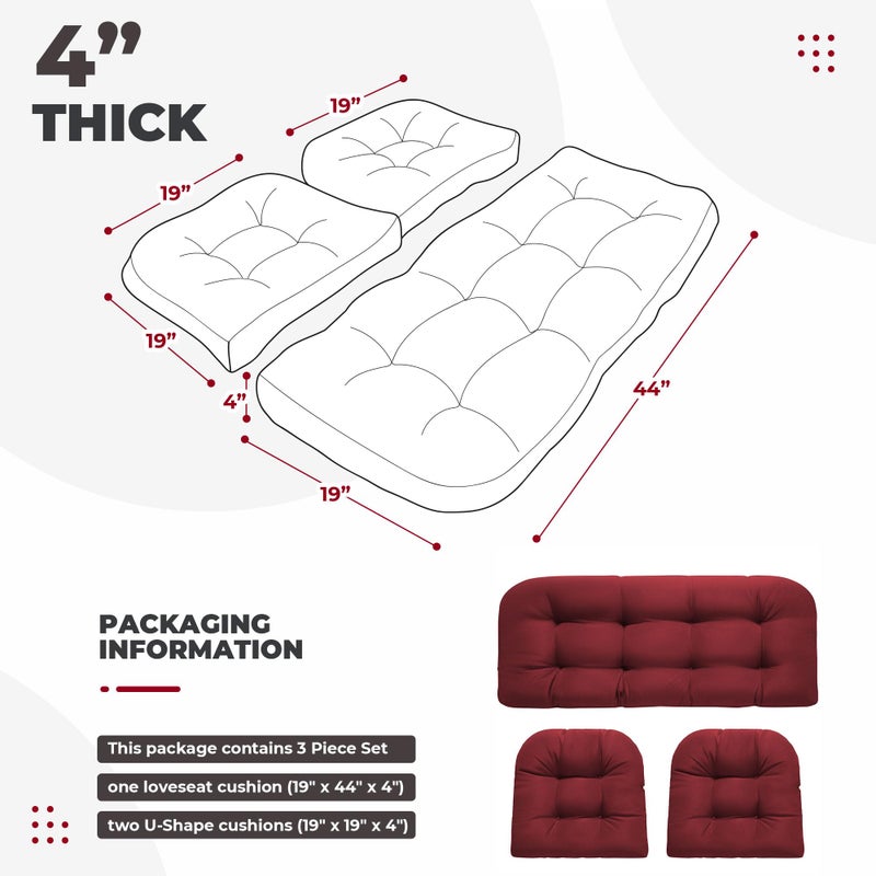 DANGHOOGY Wicker Chair Cushions, Waterproof Outdoor Loveseat Cushions for Patio Furniture, Tufted Wicker Furniture Cushions, 1 Loveseat and 2 U-Shaped Cushions, Red - Image 2