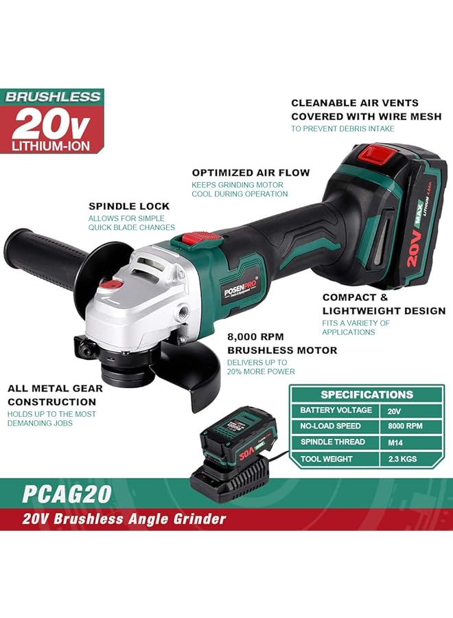 erorex Cordless Angle Grinder 20V Electric Cut Off Tool Grinder 4.0Ah Lithium Ion Battery And Fast Charger 8000Rpm Brushless Motor Battery Grinder For Cutting And Grinding - Image 3