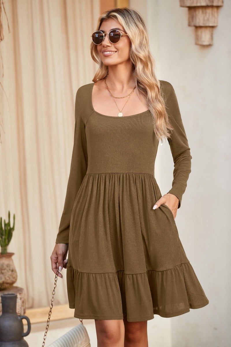 Newshows Long Sleeve Casual Womens Fall Dresses Modest Church Teacher Work Babydoll Boho Sundress 2025 with Pockets(0 Dark Khaki,M) - Image 3