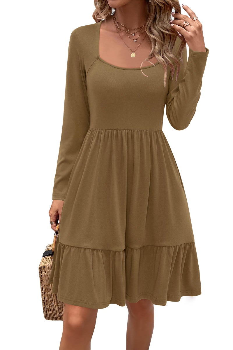Newshows Long Sleeve Casual Womens Fall Dresses Modest Church Teacher Work Babydoll Boho Sundress 2025 with Pockets(0 Dark Khaki,M) - Image 1