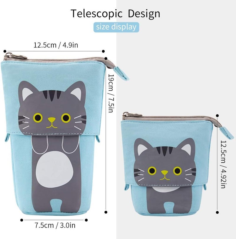 SWIUKPHE Telescopic Pencil Case & Pen Holder, Cute Cartoon Design with Zipper, Blue - Image 2