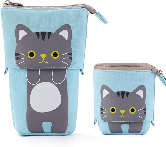 SWIUKPHE Telescopic Pencil Case & Pen Holder, Cute Cartoon Design with Zipper, Blue - Image 1