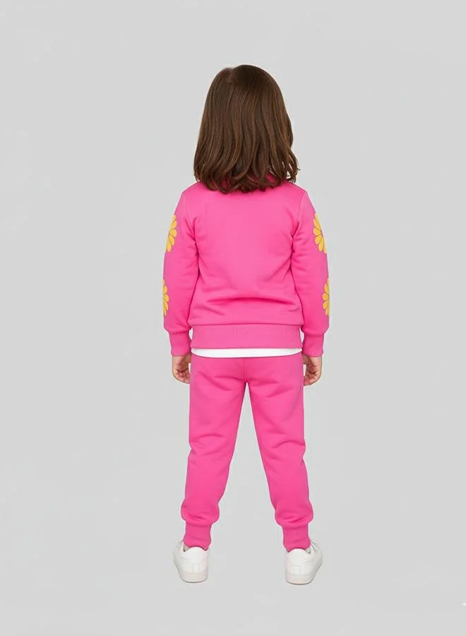 babyqlo Pink Smiley Daisy Print Tracksuit For Girls