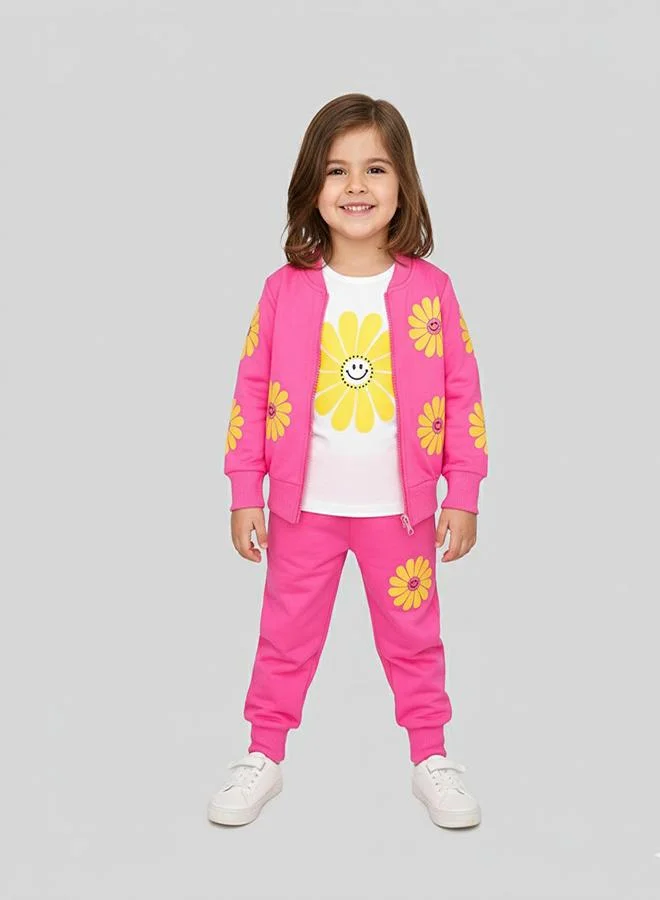 babyqlo Pink Smiley Daisy Print Tracksuit For Girls