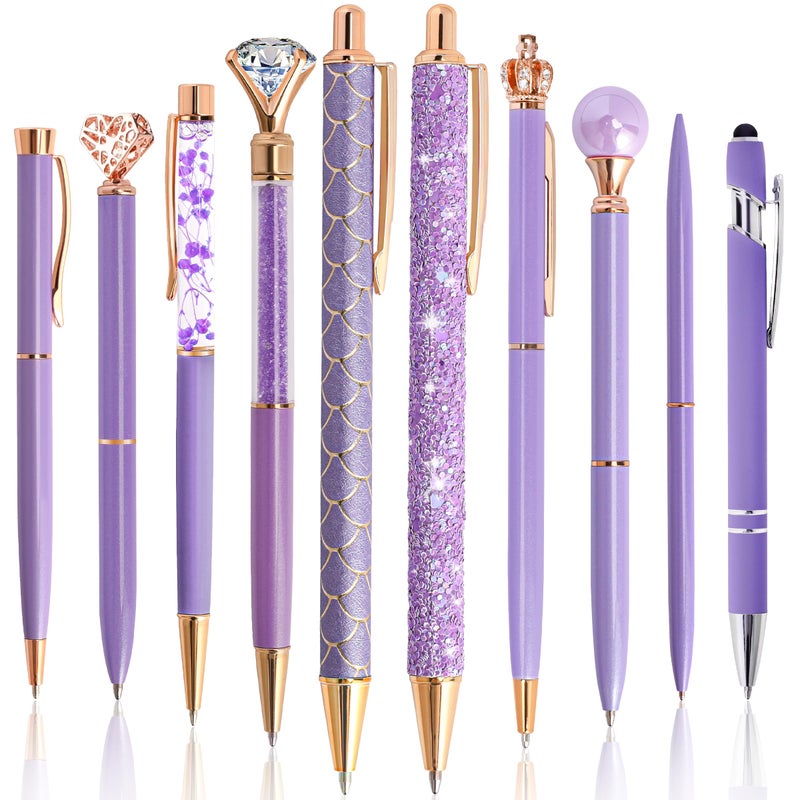 DAIKOYE 10 Pcs Ballpoint Pens Set Party Favors for Kids Purple Gifts Purple Pens for Women Girls Office Supplies School Supplies Black Ink Metal Crystal Diamond Pens - Image 1
