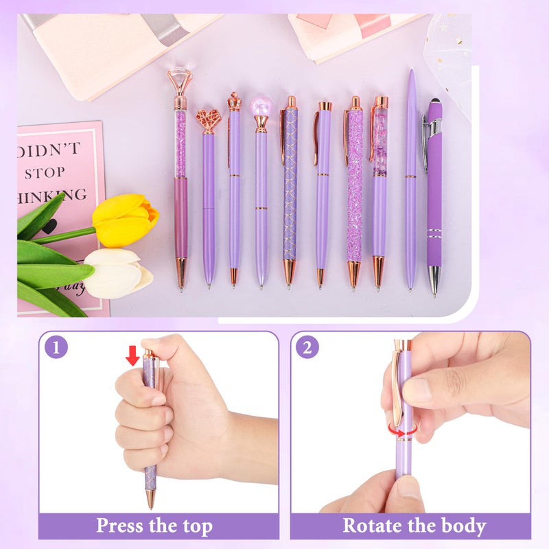 DAIKOYE 10 Pcs Ballpoint Pens Set Party Favors for Kids Purple Gifts Purple Pens for Women Girls Office Supplies School Supplies Black Ink Metal Crystal Diamond Pens - Image 3