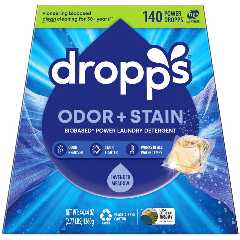 Dropps Odor & Stain Biobased Power Laundry Detergent Pods, Lavender Meadow(140 Count) - HE Compatible Laundry Pods for Fresh Clothes - Washing Detergent Soap Supplies & Recyclable Packaging - Image 1