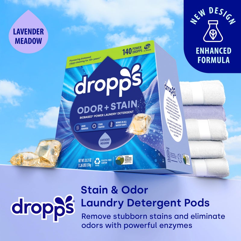 Dropps Odor & Stain Biobased Power Laundry Detergent Pods, Lavender Meadow(140 Count) - HE Compatible Laundry Pods for Fresh Clothes - Washing Detergent Soap Supplies & Recyclable Packaging - Image 2