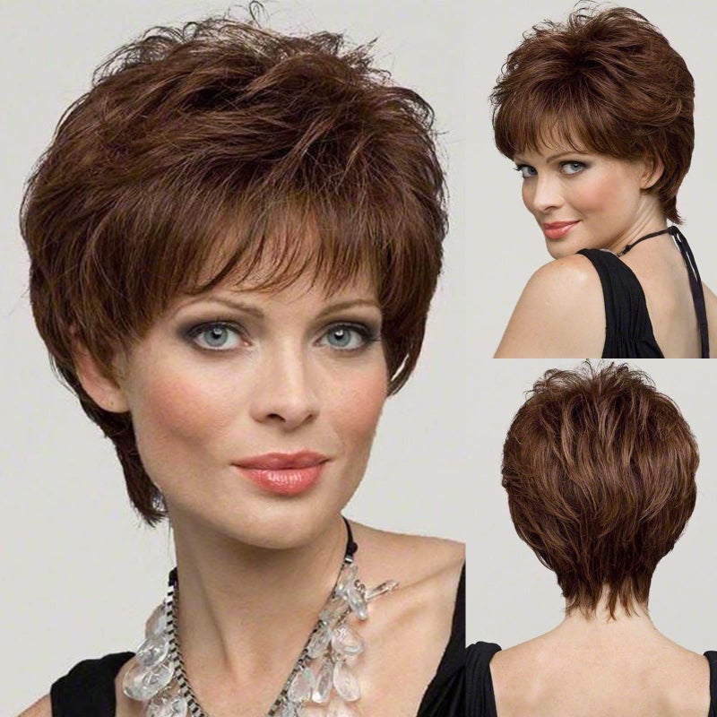 EMMOR Short Brown Human Hair Wigs Blend with Healthy Memory Fiber Pixie Curly Wig With BangNatural Daily Use Hair Brown