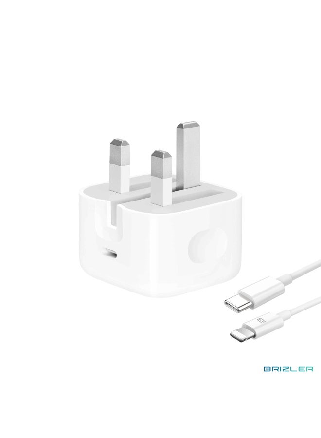 بريزلر شاحن سريع USB-C بقوة 20 واط بتقنية PD مع كابل USB-C إلى Lightning بطول 1 متر لأجهزة iPhone - أبيض - Image 1