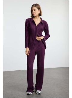 Plum Pleated Oversize/Wide Pattern Buttoned Knitted Top-Bottom Set TWOAW24AU00073