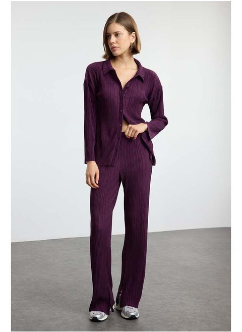 Plum Pleated Oversize/Wide Pattern Buttoned Knitted Top-Bottom Set TWOAW24AU00073