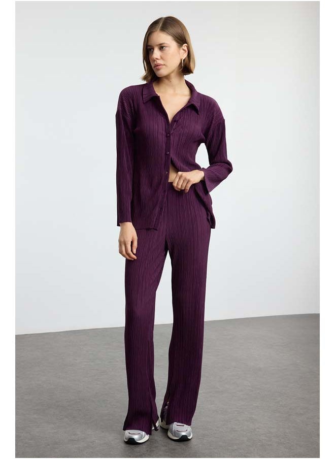 trendyol - Plum Pleated Oversize/Wide Pattern Buttoned Knitted Top-Bottom Set TWOAW24AU00073 - Image 1
