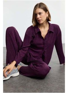 trendyol Plum Pleated Oversize/Wide Pattern Buttoned Knitted Top-Bottom Set TWOAW24AU00073  - Image 2