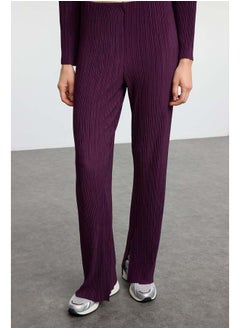 trendyol Plum Pleated Oversize/Wide Pattern Buttoned Knitted Top-Bottom Set TWOAW24AU00073  - Image 4