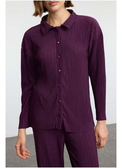 trendyol Plum Pleated Oversize/Wide Pattern Buttoned Knitted Top-Bottom Set TWOAW24AU00073  - Image 3