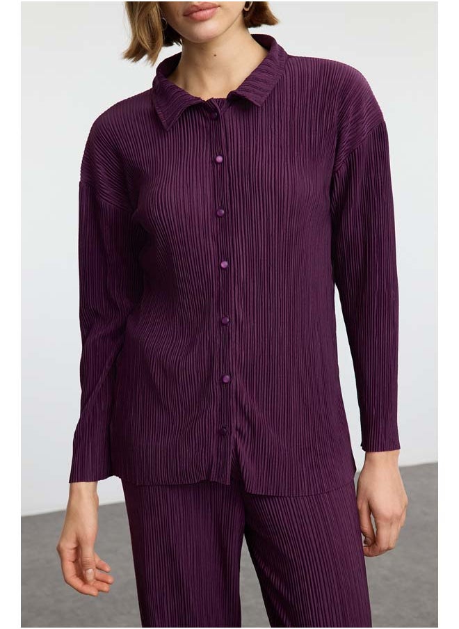 trendyol - Plum Pleated Oversize/Wide Pattern Buttoned Knitted Top-Bottom Set TWOAW24AU00073 - Image 1