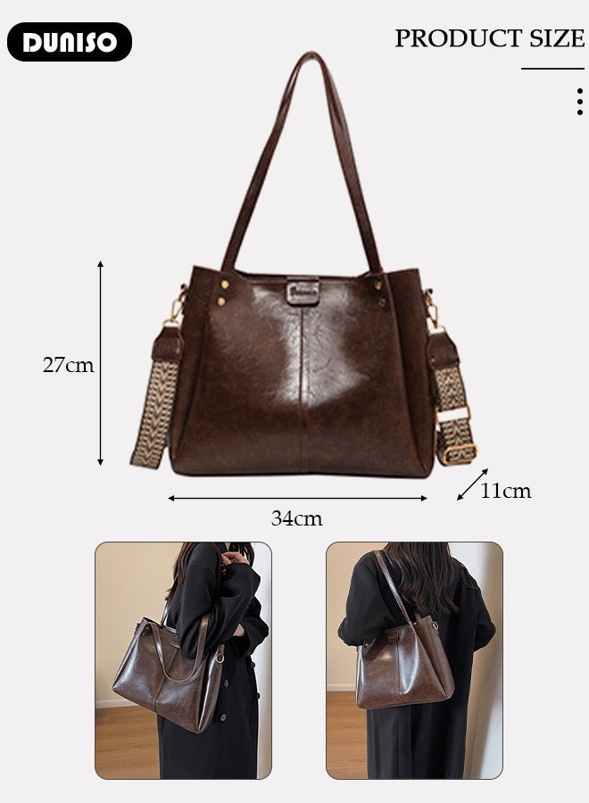 DUNISO Women's Shoulder Tote Bag, Black PU Shoulder Bag, Large Capacity Satchel Bag with Adjustable Shoulder Strap, Fashionable Travel Messenger Shoulder Bag For Ladies - Image 4