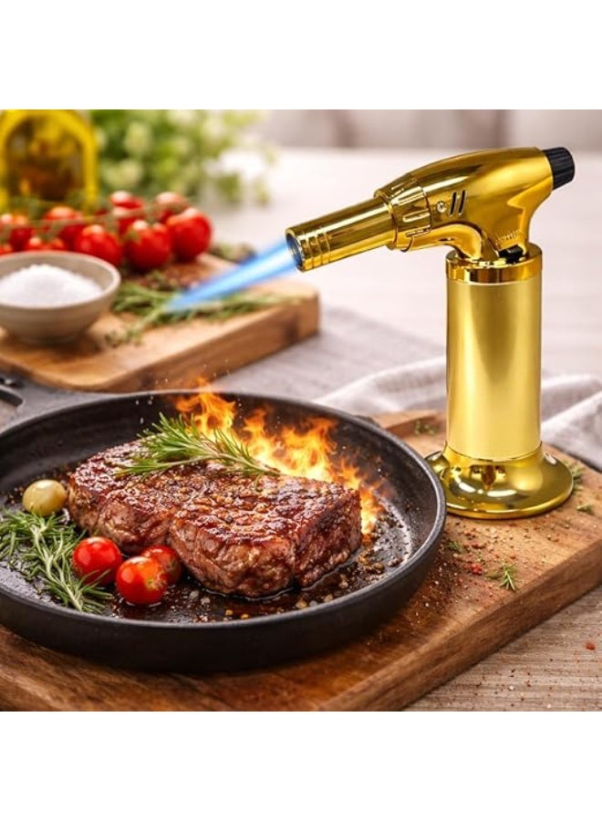 Professional Culinary Kitchen Blow Torch Gold Color Jet Flame Butane Lighter With Safety Lock Adjustable Flame Refillable Design For Cooking BBQ Dessert (Gas Not Included) - Image 1