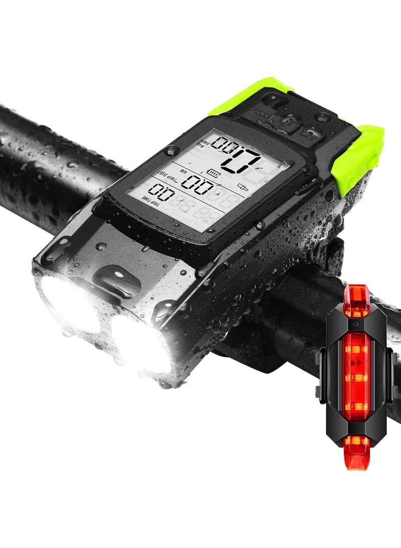 YOUWE7 3-in-1Multi Functional Bike Light 800 lumens Nighttime Speedometer, Horn, Lights, Bike Light Speedometer, Waterproof Bike Headlight and taillight Set, Bike Accessories, Speedometer - Image 1