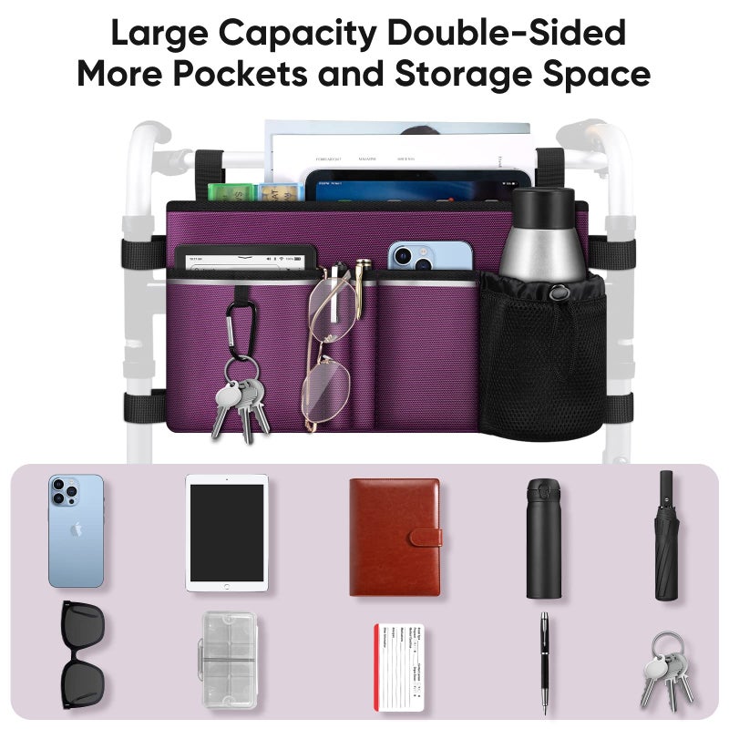FINPAC Large Walker Tote Bag with Cup Holder, Folding Walker Attachment Hands-Free Storage Basket Mobility Aid Accessory Pouch for Elderly, Senior, Purple - Image 5