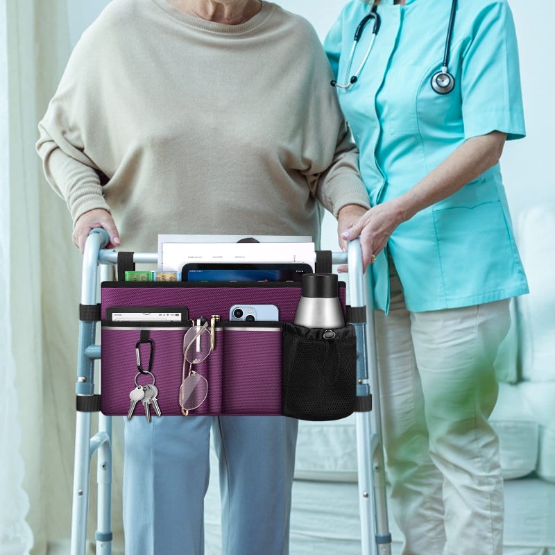 FINPAC Large Walker Tote Bag with Cup Holder, Folding Walker Attachment Hands-Free Storage Basket Mobility Aid Accessory Pouch for Elderly, Senior, Purple - Image 3