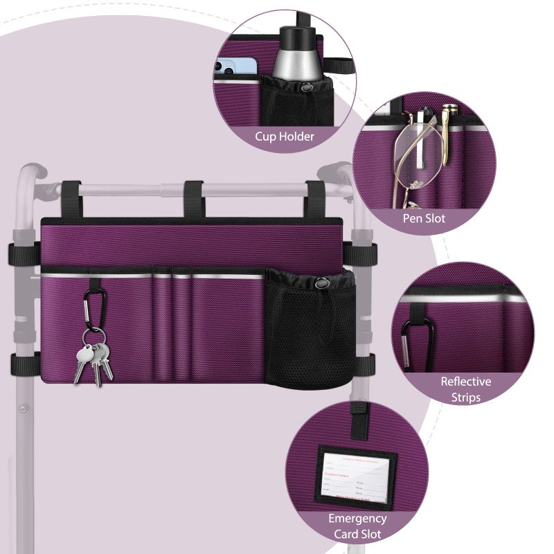 FINPAC Large Walker Tote Bag with Cup Holder, Folding Walker Attachment Hands-Free Storage Basket Mobility Aid Accessory Pouch for Elderly, Senior, Purple - Image 4