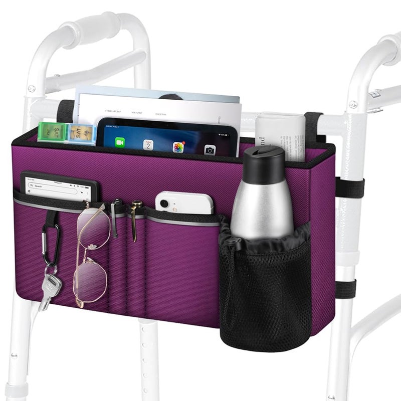 FINPAC Large Walker Tote Bag with Cup Holder, Folding Walker Attachment Hands-Free Storage Basket Mobility Aid Accessory Pouch for Elderly, Senior, Purple - Image 1