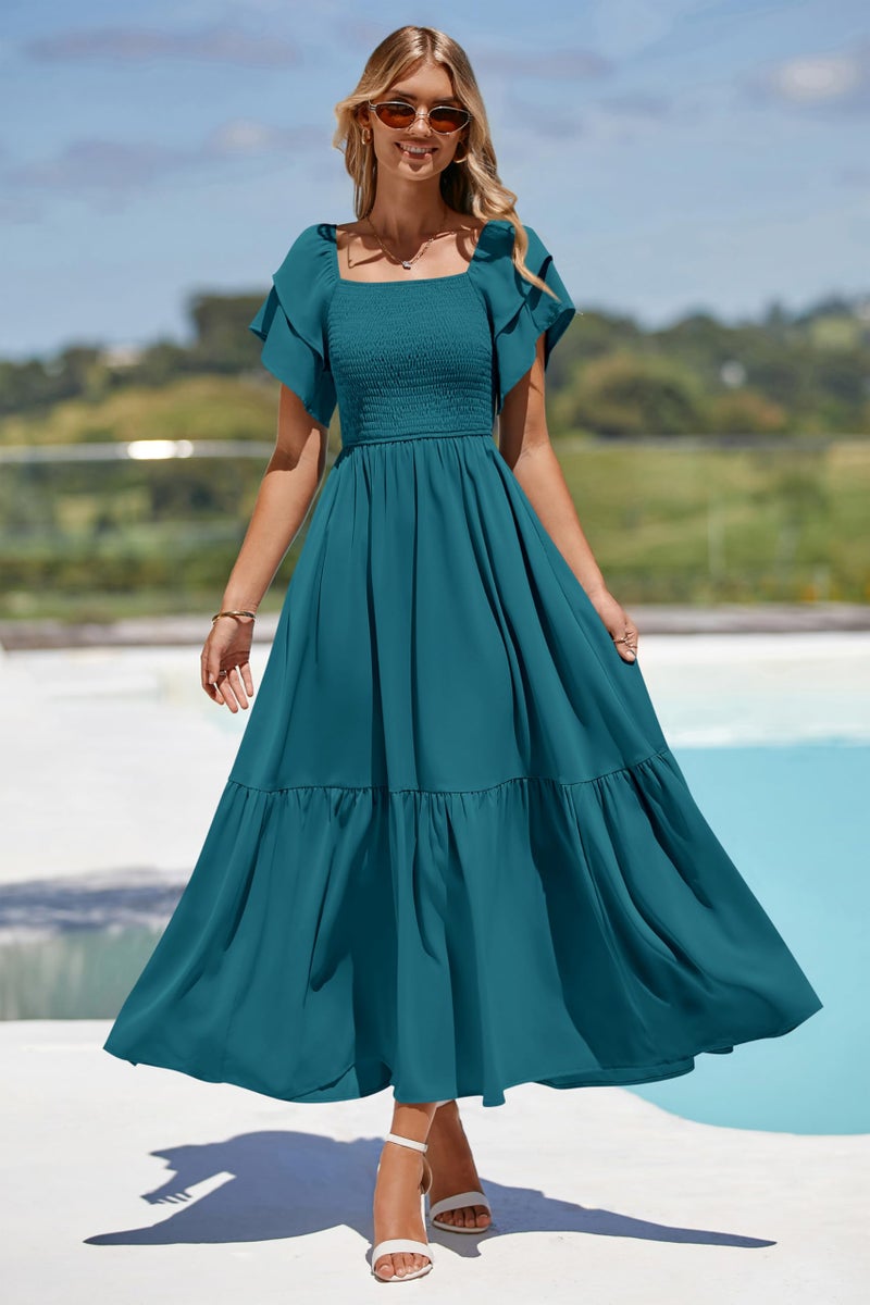 MASCOMODA Womens Summer Casual Midi Dress Square Neck Ruffle Short Sleeve Smocked High Waist A Line Wedding Guest Dresses(Dark Cyan,Small) - Image 5