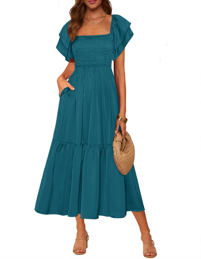 MASCOMODA Womens Summer Casual Midi Dress Square Neck Ruffle Short Sleeve Smocked High Waist A Line Wedding Guest Dresses(Dark Cyan,Small) - Image 1