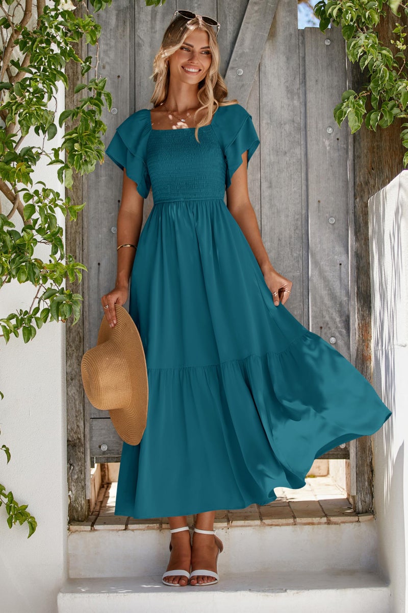MASCOMODA Womens Summer Casual Midi Dress Square Neck Ruffle Short Sleeve Smocked High Waist A Line Wedding Guest Dresses(Dark Cyan,Small) - Image 2