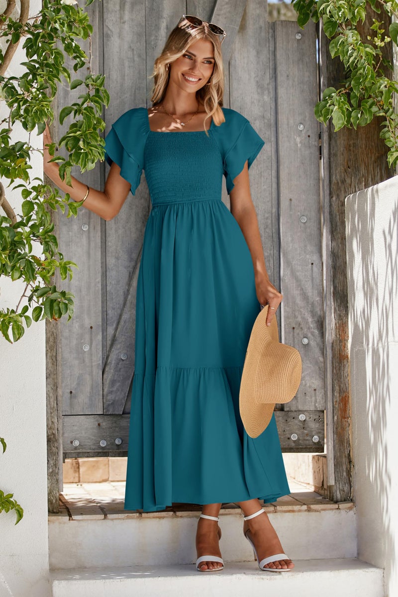 MASCOMODA Womens Summer Casual Midi Dress Square Neck Ruffle Short Sleeve Smocked High Waist A Line Wedding Guest Dresses(Dark Cyan,Small) - Image 3