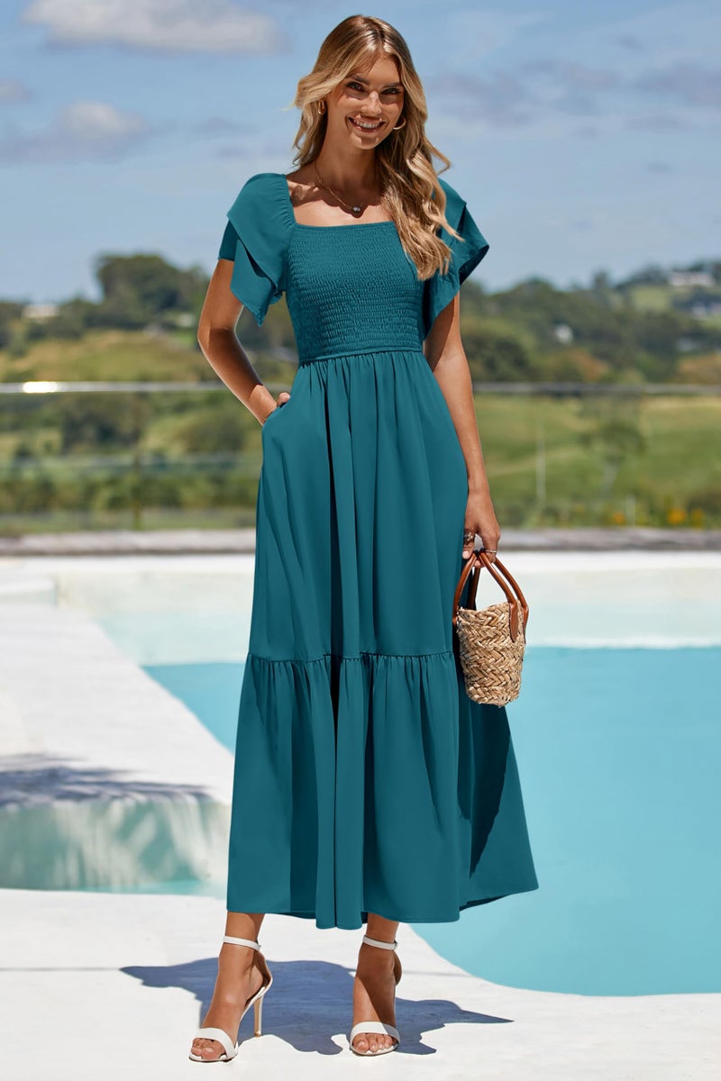 MASCOMODA Womens Summer Casual Midi Dress Square Neck Ruffle Short Sleeve Smocked High Waist A Line Wedding Guest Dresses(Dark Cyan,Small) - Image 4