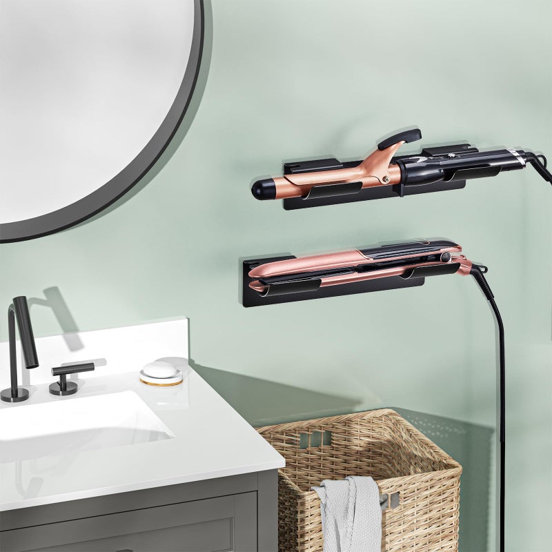 LOXSUN 2 PCS Wall Mount Curling Iron Holder and Hair Tool Organizer with Adhesive, Multifunctional Hot Flat Iron and Hair Straightener Holder Storage Stand for Vanity, Cabinet and Wall, Black - Image 2