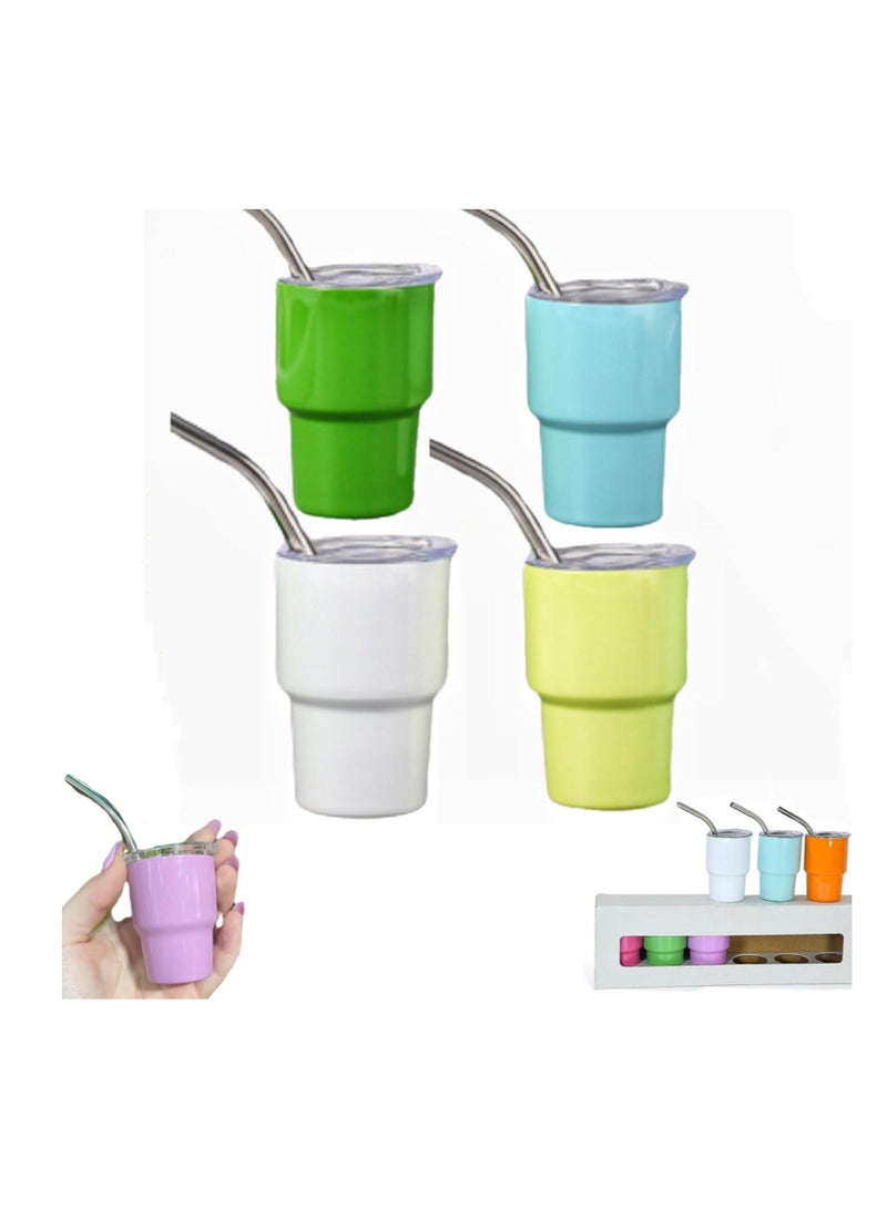 Mini Tumbler Shot Glass With Straw, 4 Pack Mini Tumbler Shot Glass Set, Double Wall Mini Tumbler Shot Glass with Straw Lid, 2oz Tumbler Shot Glass Stainless Steel ForParties, Travel - Image 1