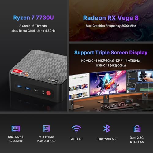 BOSGAME P4 Ultra Mini PC Gaming, Ryzen 7 7730U, 16GB RAM 1TB NVMe SSD Mini Computers, Dual 2.5G LAN, Wi-Fi 6E, BT5.2, 4K Triple Display HDMI | DP | Type-C, Home Office Business - Image 2