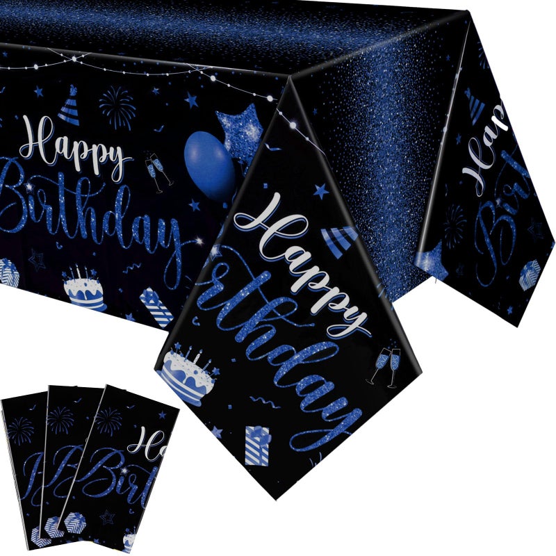 Tudomro 3 Pcs Happy Birthday Tablecloths Happy Birthday Party Decorations Plastic Table Cover Rectangular Cloths for Women Men Baby Shower Party Supplies 108 x 54 Inch Black Blue - Image 2