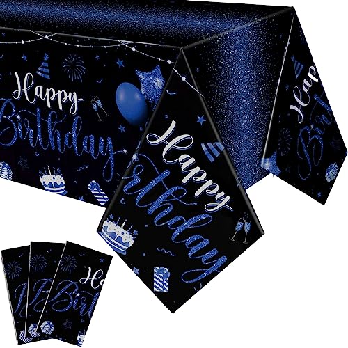 Tudomro 3 Pcs Happy Birthday Tablecloths Happy Birthday Party Decorations Plastic Table Cover Rectangular Cloths for Women Men Baby Shower Party Supplies 108 x 54 Inch Black Blue - Image 1