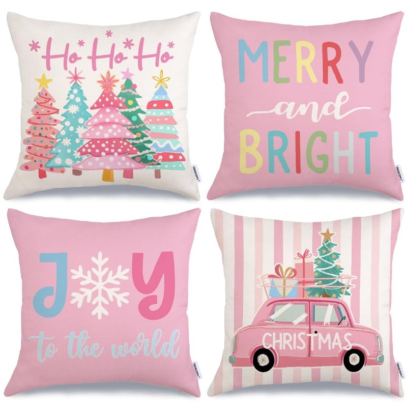 GEEORY Christmas Throw Pillow Covers 18 x 18 Inch Set of 4 Xmas Trees Truck Merry and Bright Pink Striped Holiday Farmhouse Decorative Cushion Cases for Home Decoration G58118
