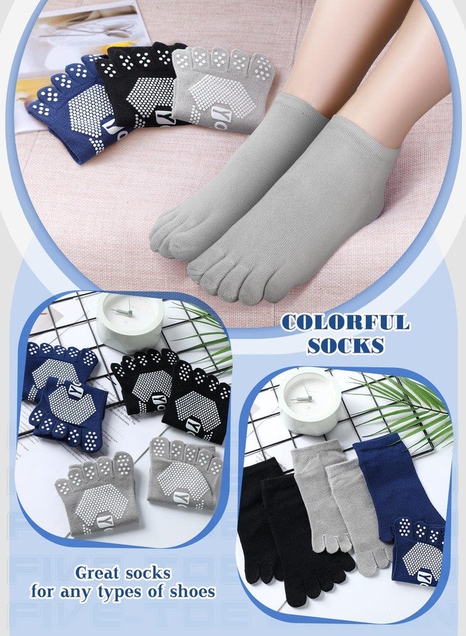 Fourluoo 6 Pairs Women Toe Socks Non Slip Yoga Socks with Grip Men Pilates Toe Socks for Dance Gym (Black, Blue, Gray,8-11) - Image 2