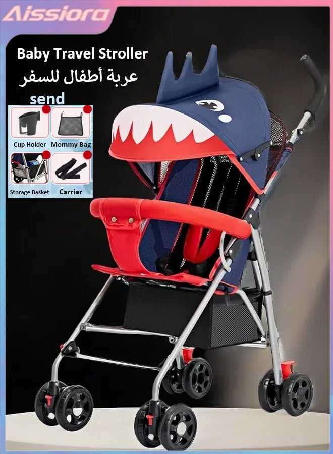 Aissiora Lightweight and comfortable baby stroller Travel portable baby stroller Foldable And Lightweight Toddler Travel Baby Stroller With Storage Basket Stroller With 5-Point Safety Belt And Adjustable Canopy Cute shark shape  - Image 1