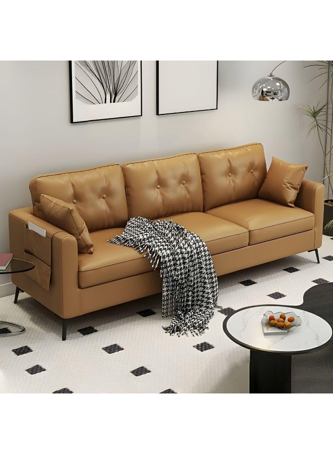 UAE Homes Contemporary 3-Seater Leather Sofa, Tufted Back, Brown, Metal Legs