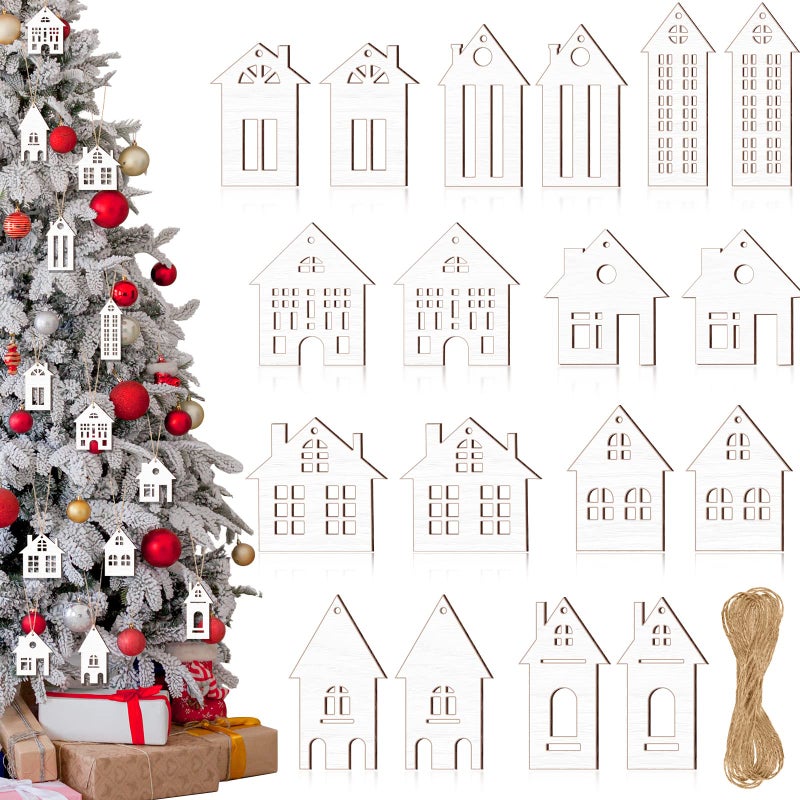 Unittype 18 Pcs Christmas Wooden House Cutout Ornaments Xmas Tree Wooden Tag Hanging Decoration Double Side Wood DIY Craft Cutout with Ropes Ornaments for ChristmasSmallWhite - Image 2