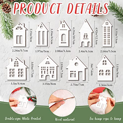 Unittype 18 Pcs Christmas Wooden House Cutout Ornaments Xmas Tree Wooden Tag Hanging Decoration Double Side Wood DIY Craft Cutout with Ropes Ornaments for ChristmasSmallWhite - Image 3