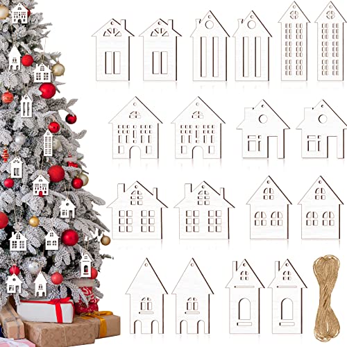 Unittype 18 Pcs Christmas Wooden House Cutout Ornaments Xmas Tree Wooden Tag Hanging Decoration Double Side Wood DIY Craft Cutout with Ropes Ornaments for ChristmasSmallWhite - Image 1