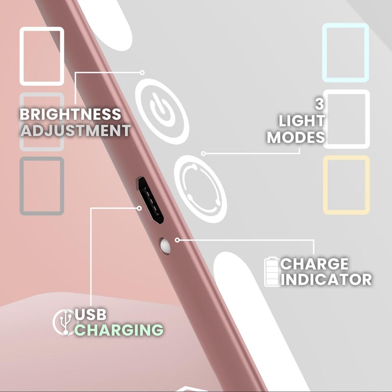 LUNA London LUNA London Eclipse LED Lighted Travel Vanity Makeup Mirror | 3 Colour Light, Compact, Portable, Lighted, Rechargeable, Illuminated Mirror | Perfect for Travel, Makeup & Beauty Needs | Rose Gold  - Image 4